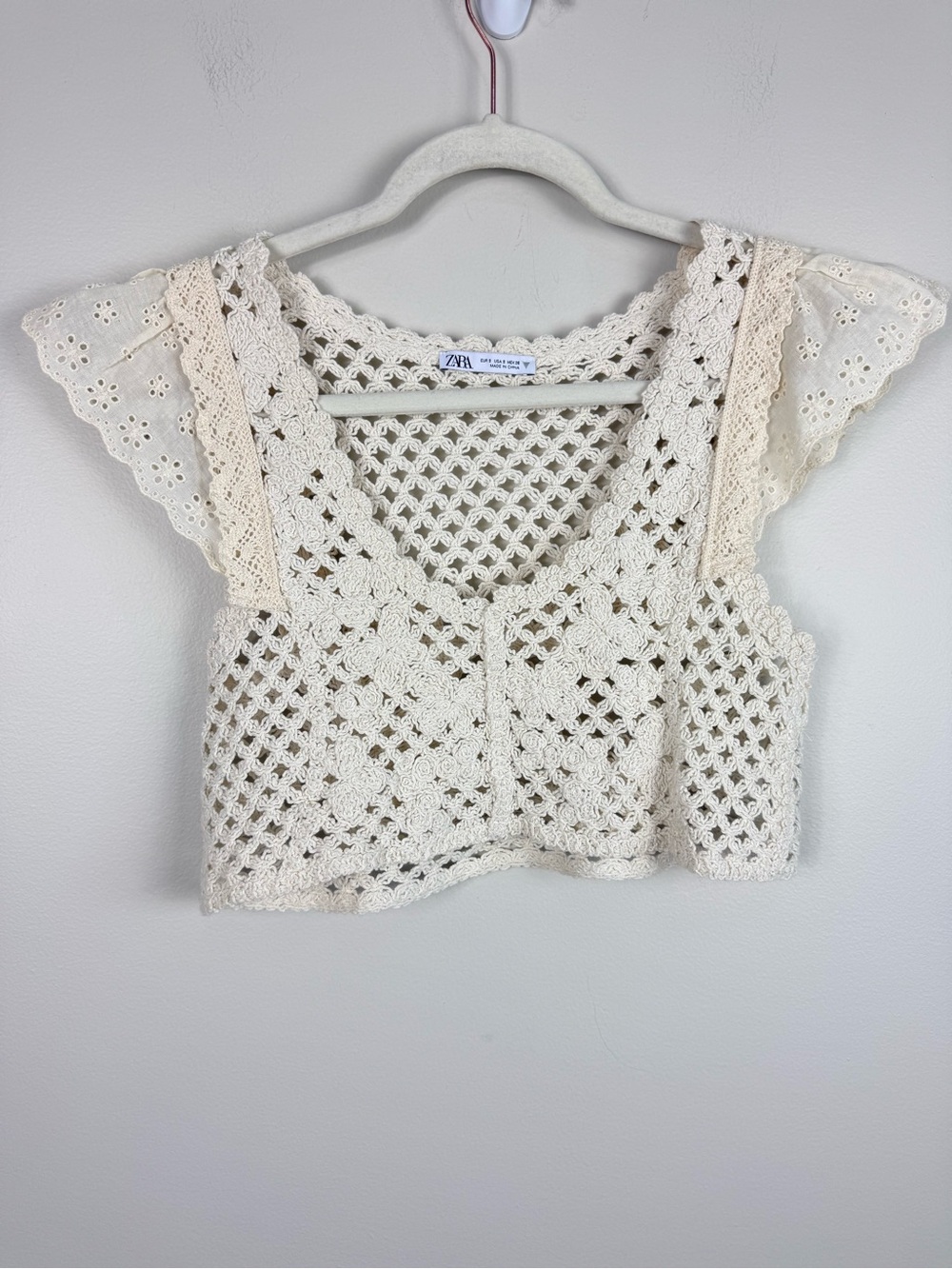 Zara Crochet Lace Crop Top Small Cream Boho Festival Rave Cottage Coastal Beach